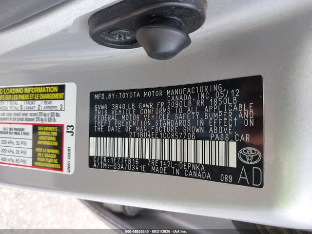 Продажа на аукционе авто 2012 Toyota Corolla Le, vin: 2T1BU4EE1CC857706, номер лота: 45929240