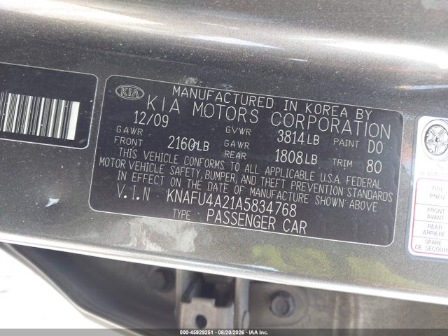 Aukcja sprzedaży 2010 Kia Forte Ex, vin: KNAFU4A21A5834768, numer aukcji: 45929251