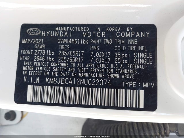 Продаж на аукціоні авто 2022 Hyundai Tucson Hybrid Blue, vin: KM8JBCA12NU022374, номер лоту: 45929261