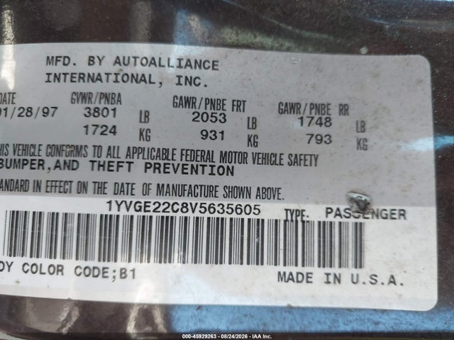 Aukcja sprzedaży 1997 Mazda 626 Dx/lx, vin: 1YVGE22C8V5635605, numer aukcji: 45929263