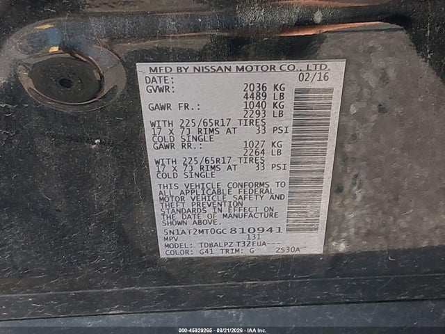 Aukcja sprzedaży 2016 Nissan Rogue S/sl/sv, vin: 5N1AT2MT0GC810941, numer aukcji: 45929265