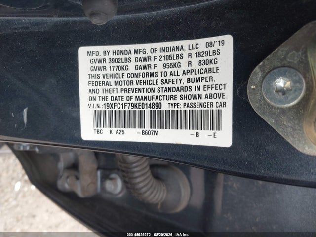 Aukcja sprzedaży 2019 Honda Civic Ex-l, vin: 19XFC1F79KE014890, numer aukcji: 45929272