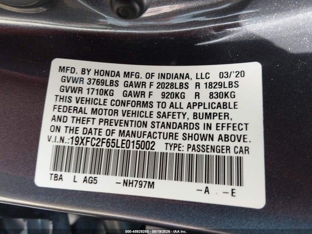 Aukcja sprzedaży 2020 Honda Civic Lx, vin: 19XFC2F65LE015002, numer aukcji: 45929280