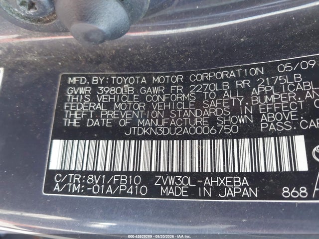 Aukcja sprzedaży 2010 Toyota Prius Ii, vin: JTDKN3DU2A0006750, numer aukcji: 45929289