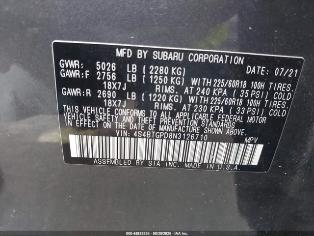 Aukcja sprzedaży 2022 Subaru Outback Touring Xt, vin: 4S4BTGPD8N3126710, numer aukcji: 45929294