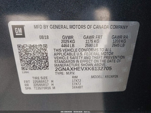 Продажа на аукционе авто 2019 Chevrolet Equinox Ls, vin: 2GNAXHEVXK6132705, номер лота: 45929306