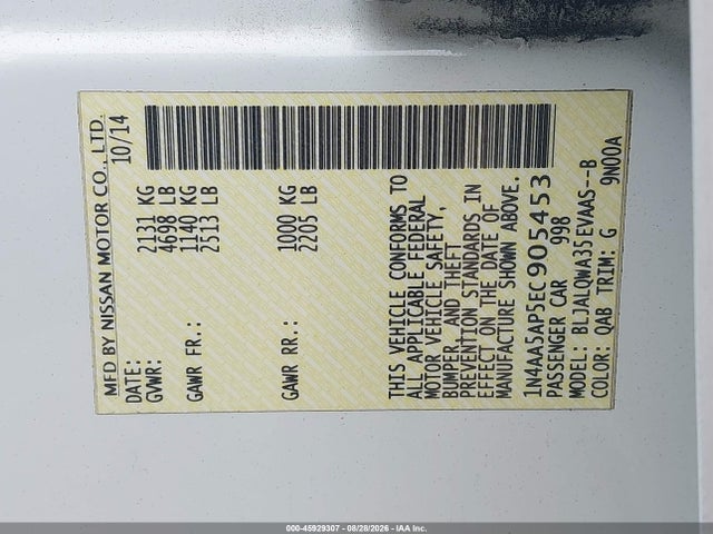 Aukcja sprzedaży 2014 Nissan Maxima 3.5 S, vin: 1N4AA5AP5EC905453, numer aukcji: 45929307
