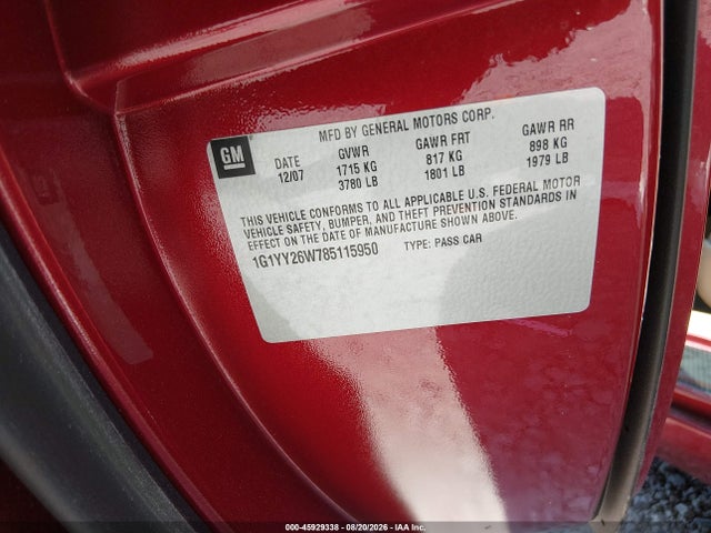 2008 Chevrolet Corvette მანქანა იყიდება აუქციონზე, vin: 1G1YY26W785115950, აუქციონის ნომერი: 45929338