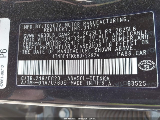 45929337 :رقم المزاد ، 4T1BF1FK6HU723924 vin ، 2017 Toyota Camry Le مزاد بيع