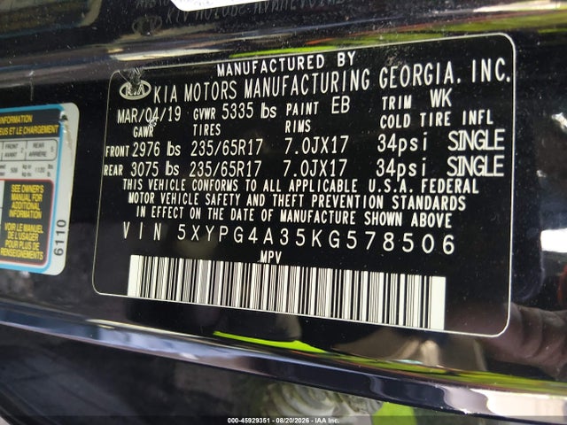 Продажа на аукционе авто 2019 Kia Sorento 2.4l L, vin: 5XYPG4A35KG578506, номер лота: 45929351