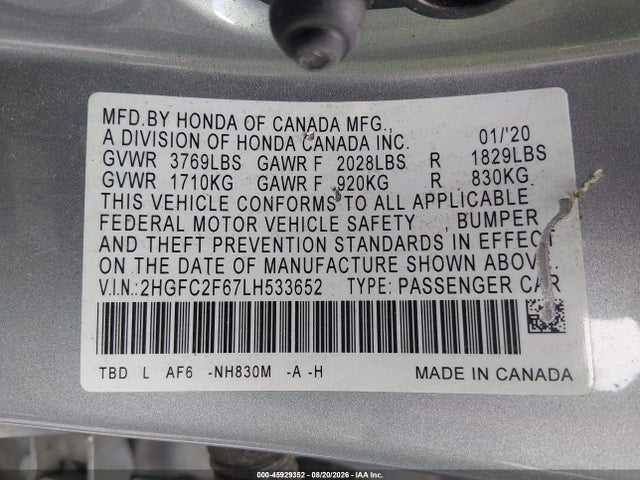 Auction sale of the 2020 Honda Civic Lx, vin: 2HGFC2F67LH533652, lot number: 45929352