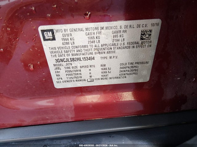 45929355 :رقم المزاد ، 3GNCJLSB2HL153494 vin ، 2017 Chevrolet Trax Lt مزاد بيع