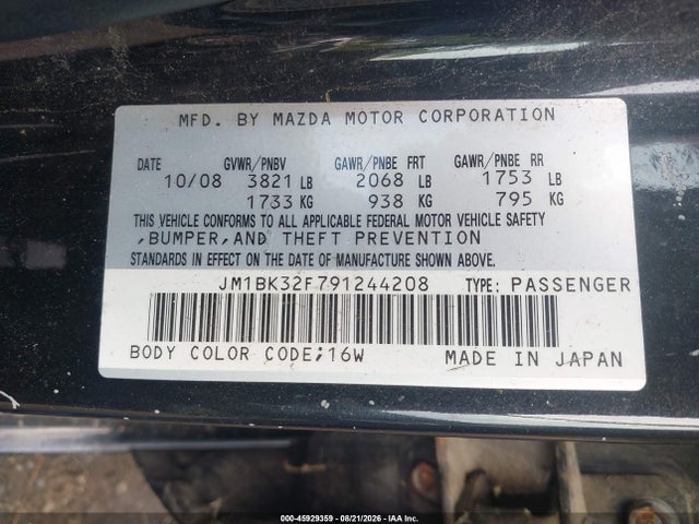 Aukcja sprzedaży 2009 Mazda Mazda3 I, vin: JM1BK32F791244208, numer aukcji: 45929359