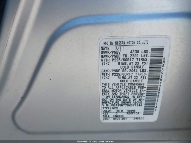 Aukcja sprzedaży 2011 Nissan Rogue Sv, vin: JN8AS5MT7BW577144, numer aukcji: 45929377