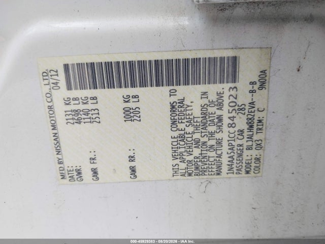 Aukcja sprzedaży 2012 Nissan Maxima 3.5 Sv, vin: 1N4AA5AP1CC845023, numer aukcji: 45929383