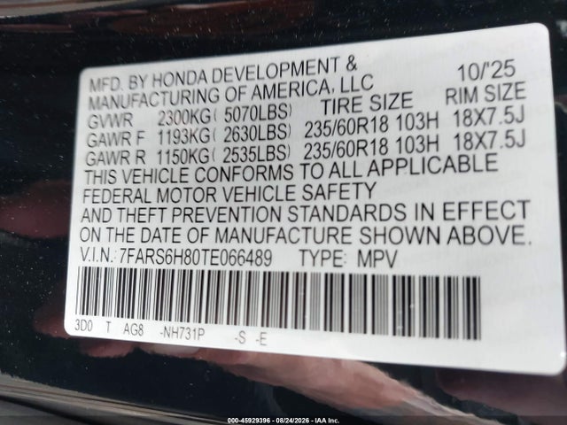 2026 Honda Cr-v Hybrid Awd Sport-l მანქანა იყიდება აუქციონზე, vin: 7FARS6H80TE066489, აუქციონის ნომერი: 45929396