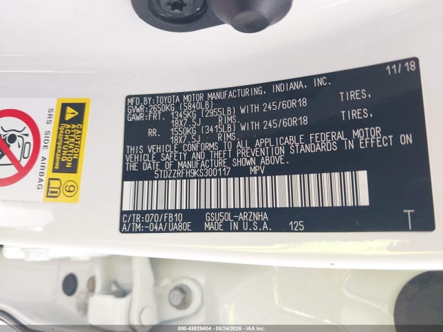 45929404 :رقم المزاد ، 5TDZZRFH9KS300117 vin ، 2019 Toyota Highlander Le مزاد بيع