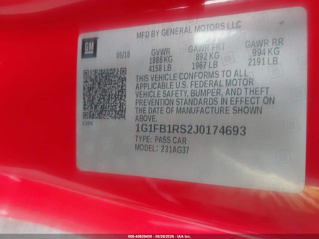 45929408 :رقم المزاد ، 1G1FB1RS2J0174693 vin ، 2018 Chevrolet Camaro 1lt مزاد بيع