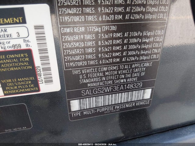 45929413 :رقم المزاد ، SALGS2WF3EA148329 vin ، 2014 Land Rover Range Rover 3.0l V6 Supercharged Hse مزاد بيع