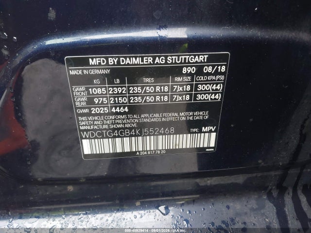 Aukcja sprzedaży 2019 Mercedes-benz Gla 250 4matic, vin: WDCTG4GB4KJ552468, numer aukcji: 45929414