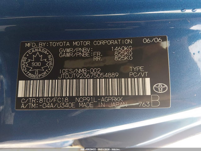 45929422 :رقم المزاد ، JTDJT923675054889 vin ، 2007 Toyota Yaris Ce/rs مزاد بيع