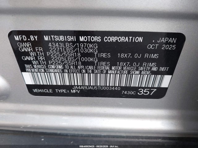 45929425 :رقم المزاد ، JA4ARUAU5TU003440 vin ، 2026 Mitsubishi Outlander Sport 2.0 Es/2.0 Le/2.0 Ralliart/2.0 S/2.0 Se/2.0 Trail Edition مزاد بيع