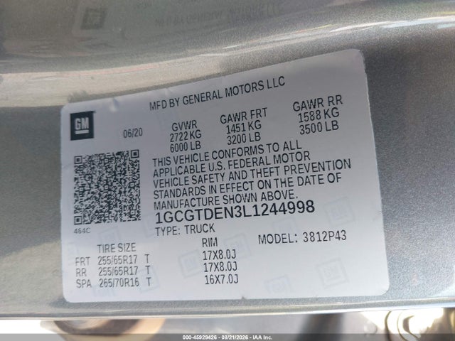 45929426 :رقم المزاد ، 1GCGTDEN3L1244998 vin ، 2020 Chevrolet Colorado 4wd  Short Box Z71 مزاد بيع