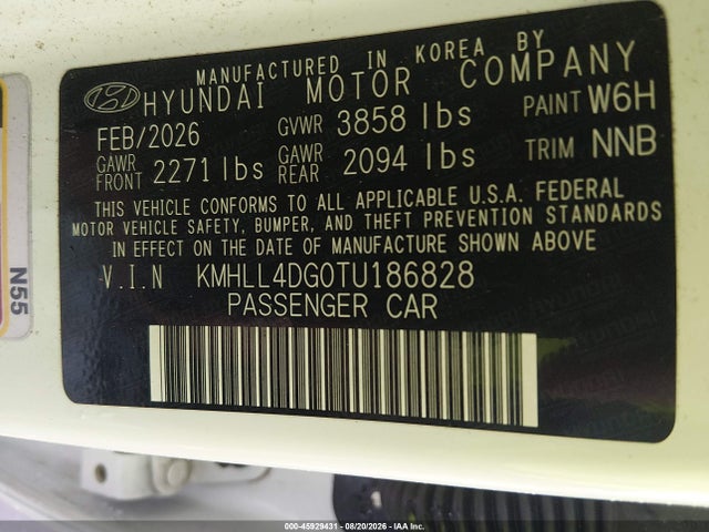 45929431 :رقم المزاد ، KMHLL4DG0TU186828 vin ، 2026 Hyundai Elantra Se مزاد بيع