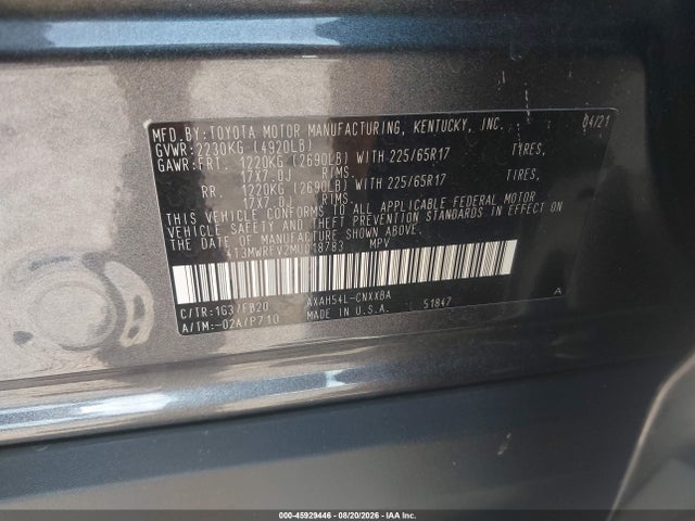 45929446 :رقم المزاد ، 4T3MWRFV2MU018783 vin ، 2021 Toyota Rav4 Hybrid Le مزاد بيع