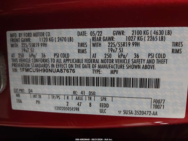 Продаж на аукціоні авто 2022 Ford Escape Sel, vin: 1FMCU9H90NUA87676, номер лоту: 45929448