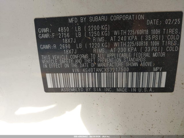 Aukcja sprzedaży 2025 Subaru Outback Limited, vin: 4S4BTANCXS3217500, numer aukcji: 45929452