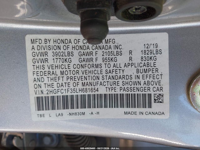 Продажа на аукционе авто 2020 Honda Civic Ex, vin: 2HGFC1F35LH681654, номер лота: 45929465