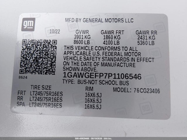 45929468 :رقم المزاد ، 1GAWGEFP7P1106546 vin ، 2023 Chevrolet Express Passenger Rwd 2500 Regular Wheelbase Ls مزاد بيع