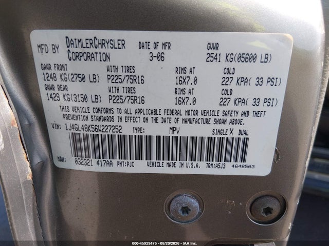 45929475 :رقم المزاد ، 1J4GL48K56W227252 vin ، 2006 Jeep Liberty Sport مزاد بيع