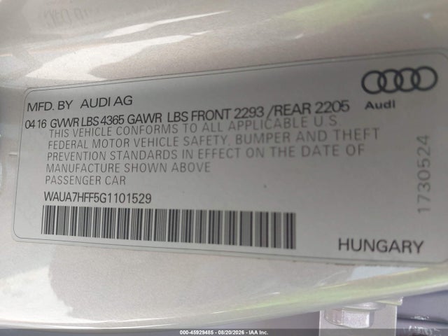 Продажа на аукционе авто 2016 Audi A3 1.8t Premium, vin: WAUA7HFF5G1101529, номер лота: 45929485
