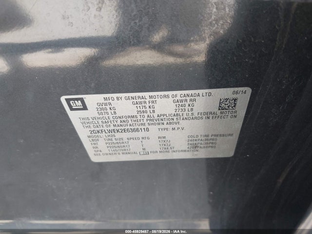Aukcja sprzedaży 2014 Gmc Terrain Sle-2, vin: 2GKFLWEK2E6366110, numer aukcji: 45929487