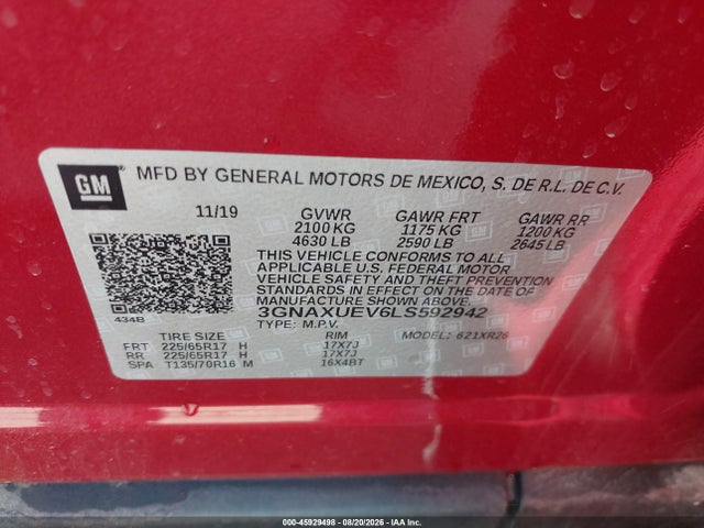 45929498 :رقم المزاد ، 3GNAXUEV6LS592942 vin ، 2020 Chevrolet Equinox Awd Lt 1.5l Turbo مزاد بيع