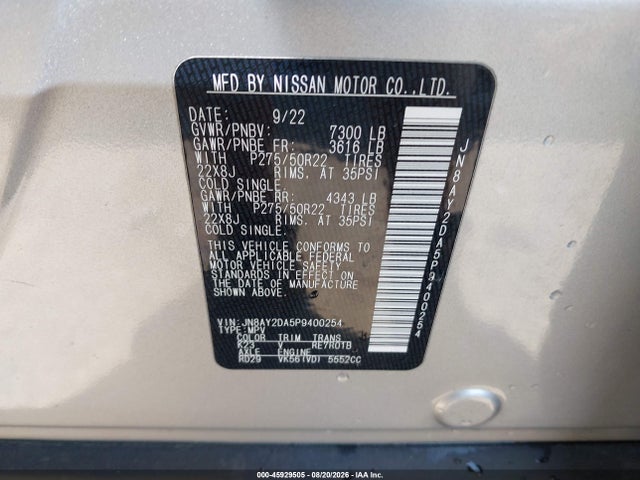 Продажа на аукционе авто 2023 Nissan Armada Platinum 2wd, vin: JN8AY2DA5P9400254, номер лота: 45929505