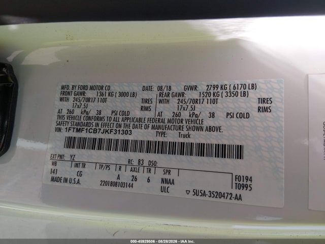 2018 Ford F-150 Xl მანქანა იყიდება აუქციონზე, vin: 1FTMF1CB7JKF31303, აუქციონის ნომერი: 45929506