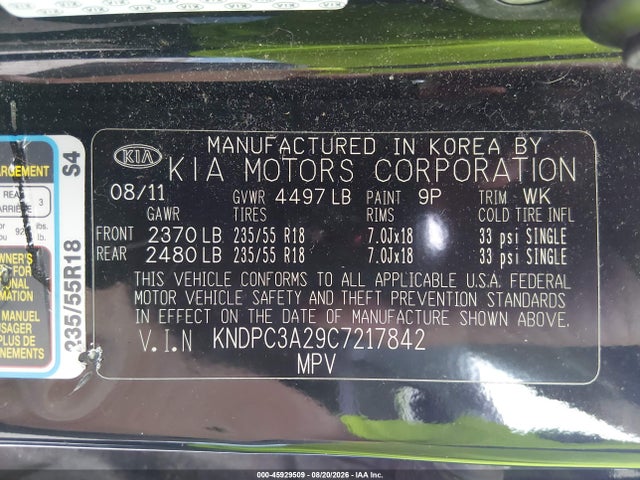 Продажа на аукционе авто 2012 Kia Sportage Ex, vin: KNDPC3A29C7217842, номер лота: 45929509