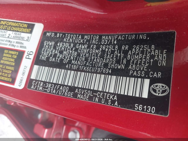 45929512 :رقم المزاد ، 4T1BF1FK6EU797694 vin ، 2014 Toyota Camry L مزاد بيع