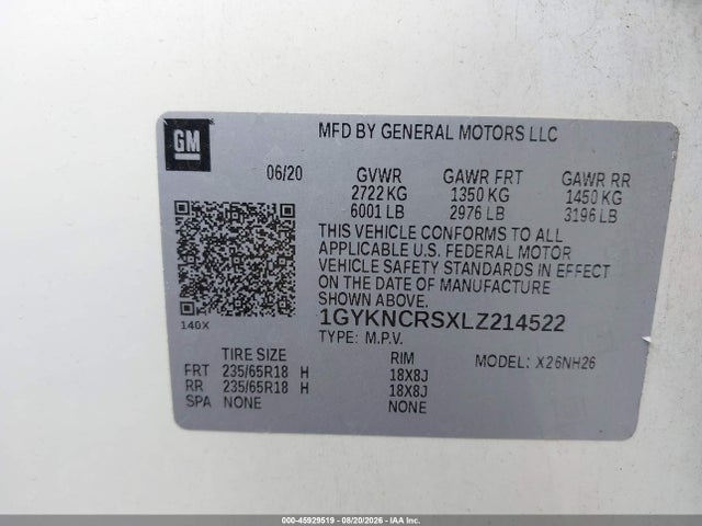 45929519 :رقم المزاد ، 1GYKNCRSXLZ214522 vin ، 2020 Cadillac Xt5 Fwd Premium Luxury مزاد بيع