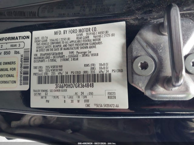 45929526 :رقم المزاد ، 3FA6P0HD7GR364848 vin ، 2016 Ford Fusion Se مزاد بيع