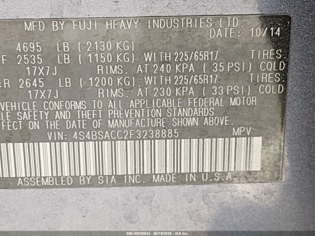 4S4BSACC2F3238885 Subaru Outback 2.5i Premium