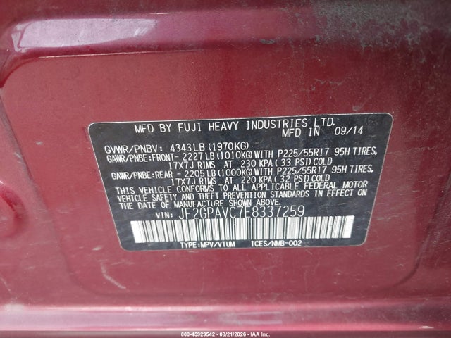Auction sale of the 2014 Subaru Xv Crosstrek 2.0i Premium, vin: JF2GPAVC7E8337259, lot number: 45929542