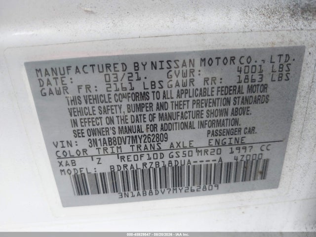 2021 Nissan Sentra Sr Xtronic Cvt მანქანა იყიდება აუქციონზე, vin: 3N1AB8DV7MY262809, აუქციონის ნომერი: 45929547