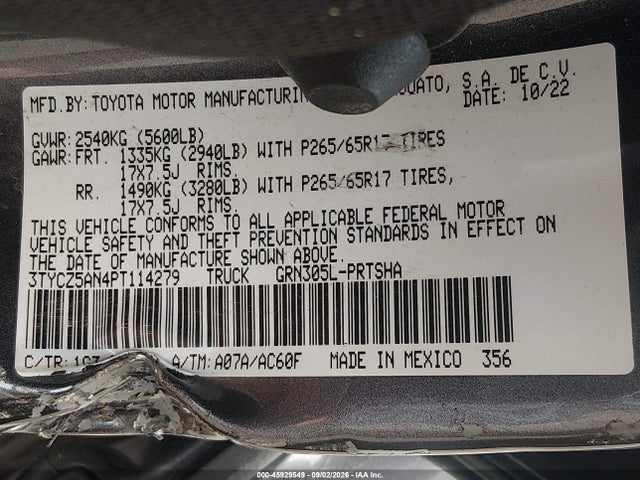 45929549 :رقم المزاد ، 3TYCZ5AN4PT114279 vin ، 2023 Toyota Tacoma Trd Sport مزاد بيع