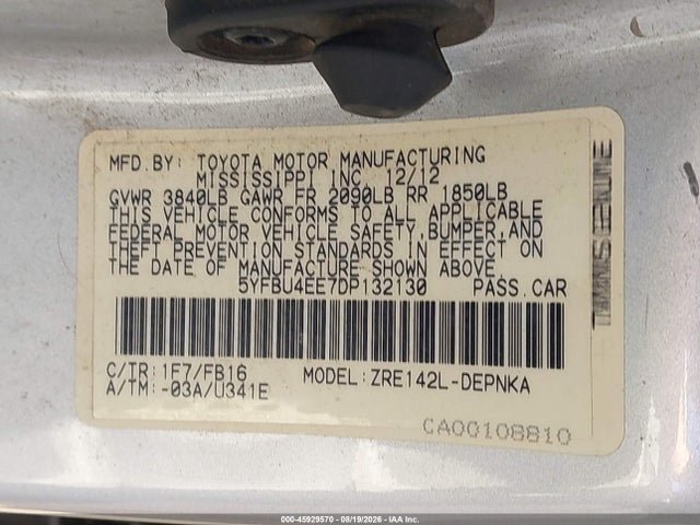 45929570 :رقم المزاد ، 5YFBU4EE7DP132130 vin ، 2013 Toyota Corolla Le مزاد بيع