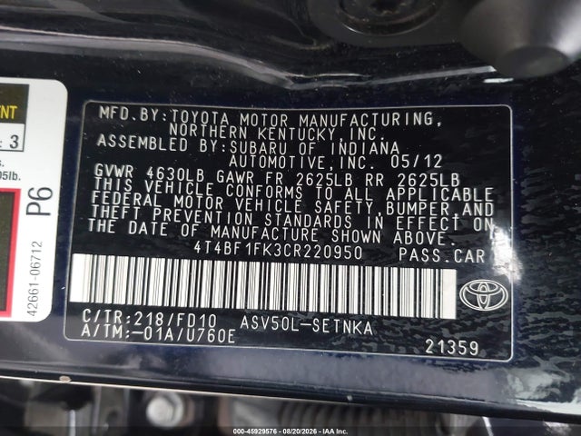 Aukcja sprzedaży 2012 Toyota Camry Le, vin: 4T4BF1FK3CR220950, numer aukcji: 45929576