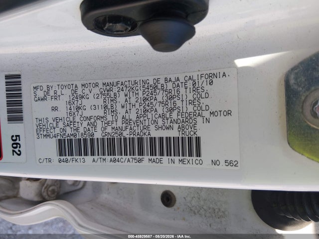 Продаж на аукціоні авто 2010 Toyota Tacoma Base V6, vin: 3TMMU4FN5AM018590, номер лоту: 45929587